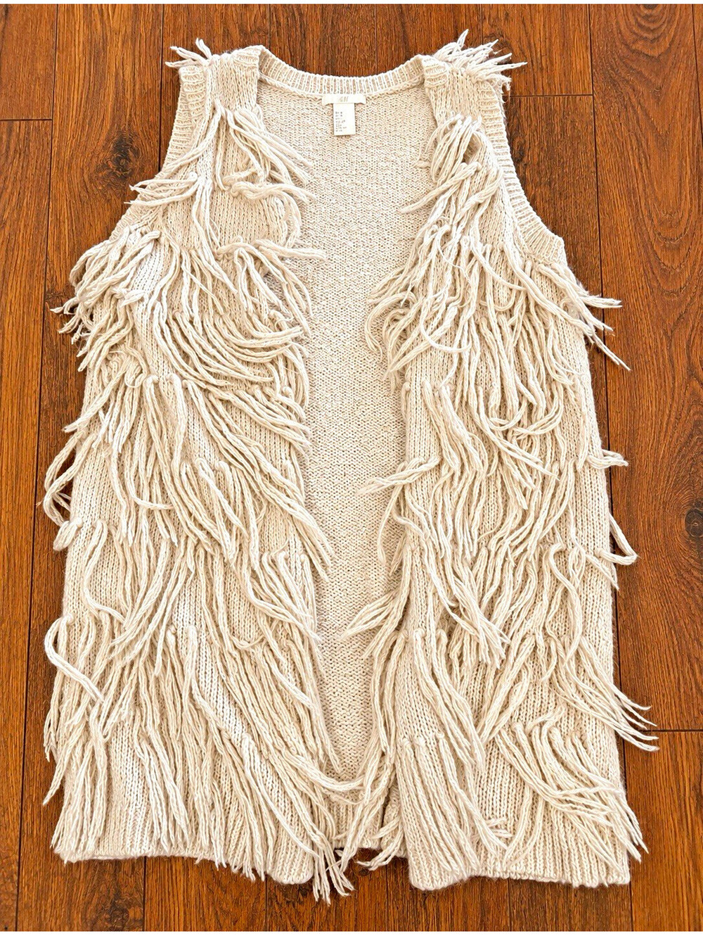 H&M Womens Beige Solid Knit Open Front Fringe Sleeveless Sweater Vest Small